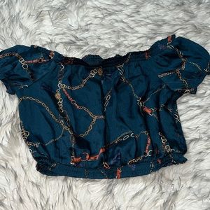 Iris Women Size Medium Shiny Blue Chain Linked Themed Crop Top Cuffed Sleeve